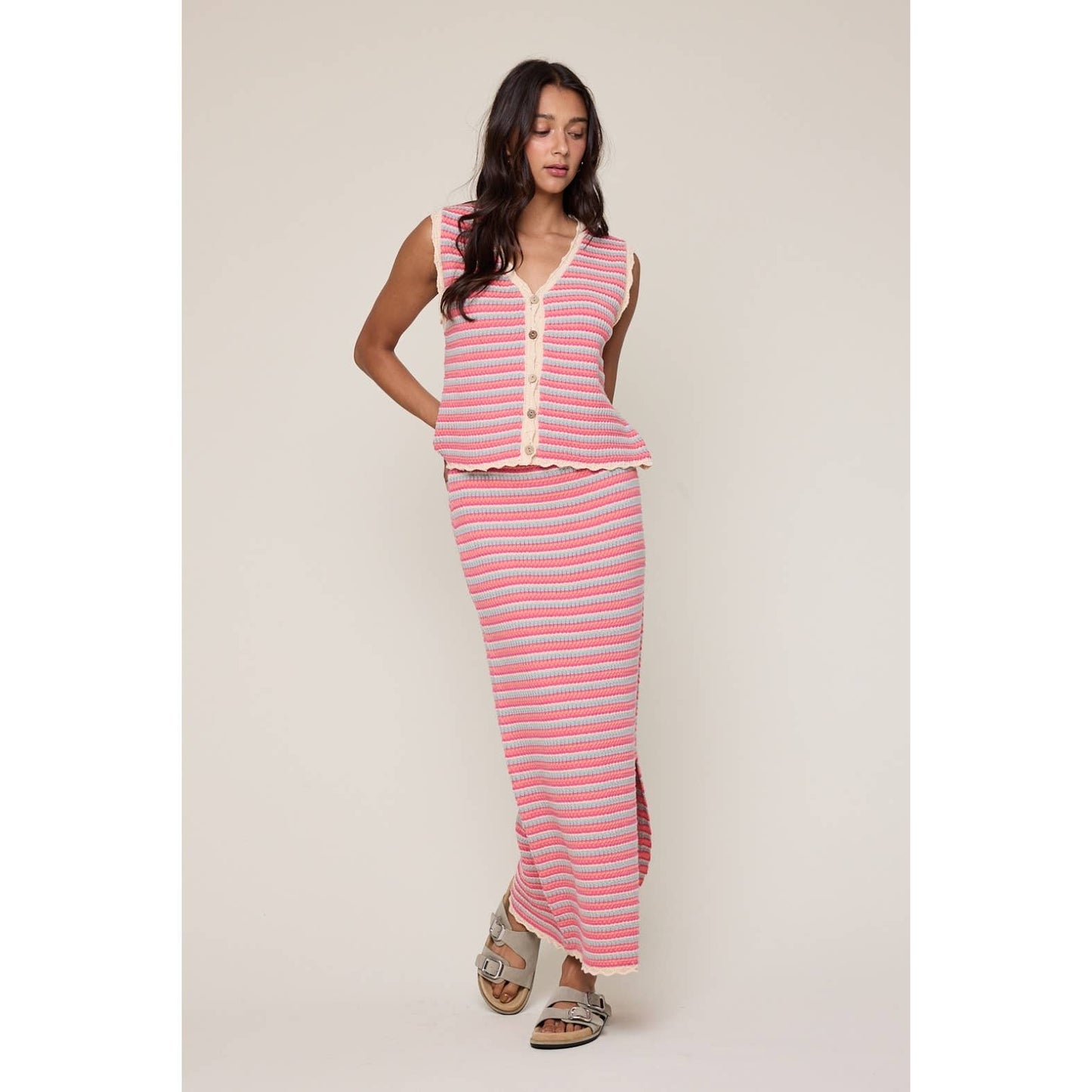MULTICOLOR STRIPED VEST AND SKIRT SET