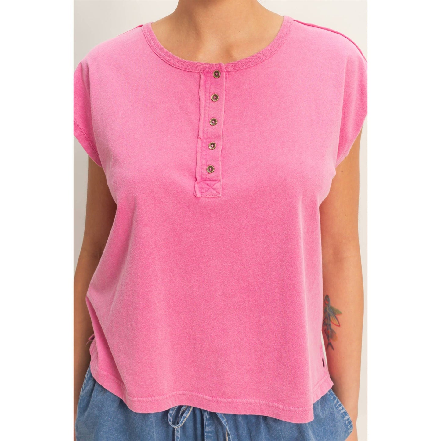 Henley Neck Cap Sleeve Top