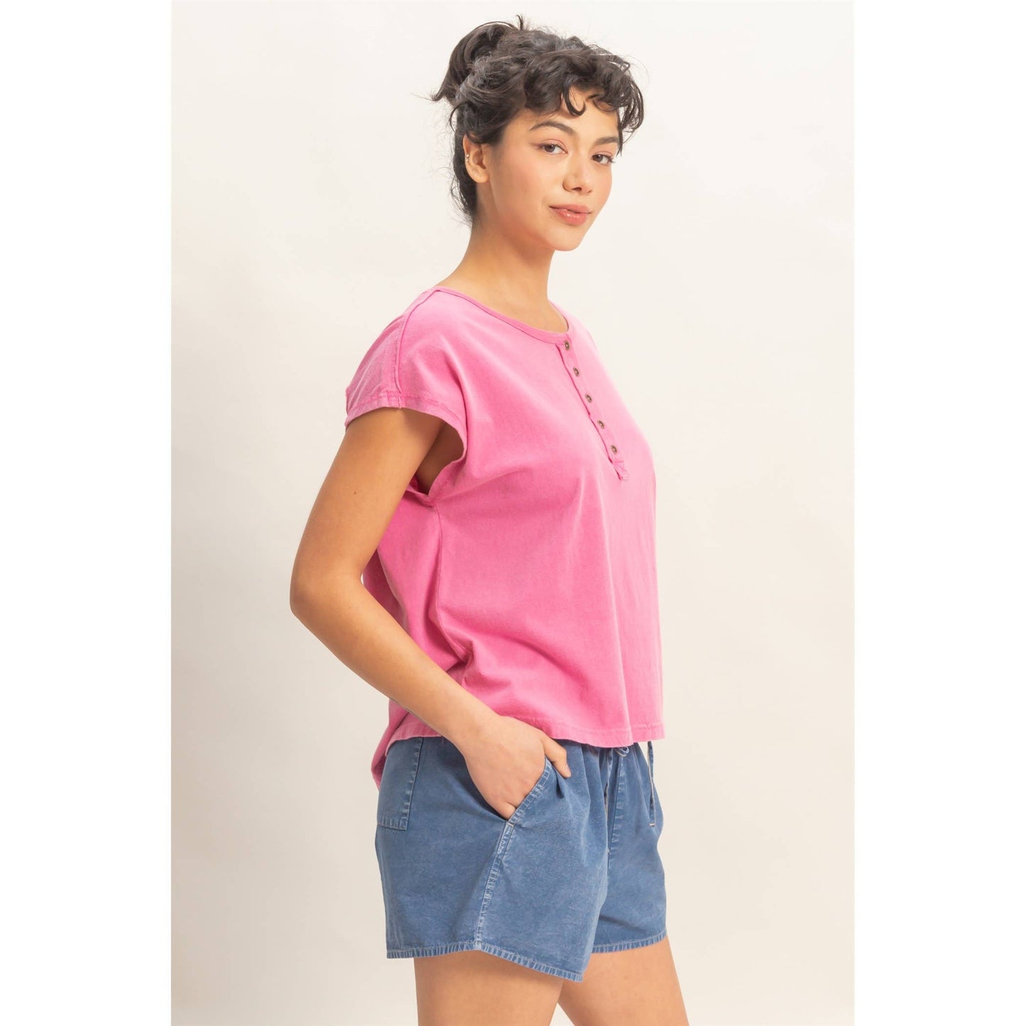 Henley Neck Cap Sleeve Top