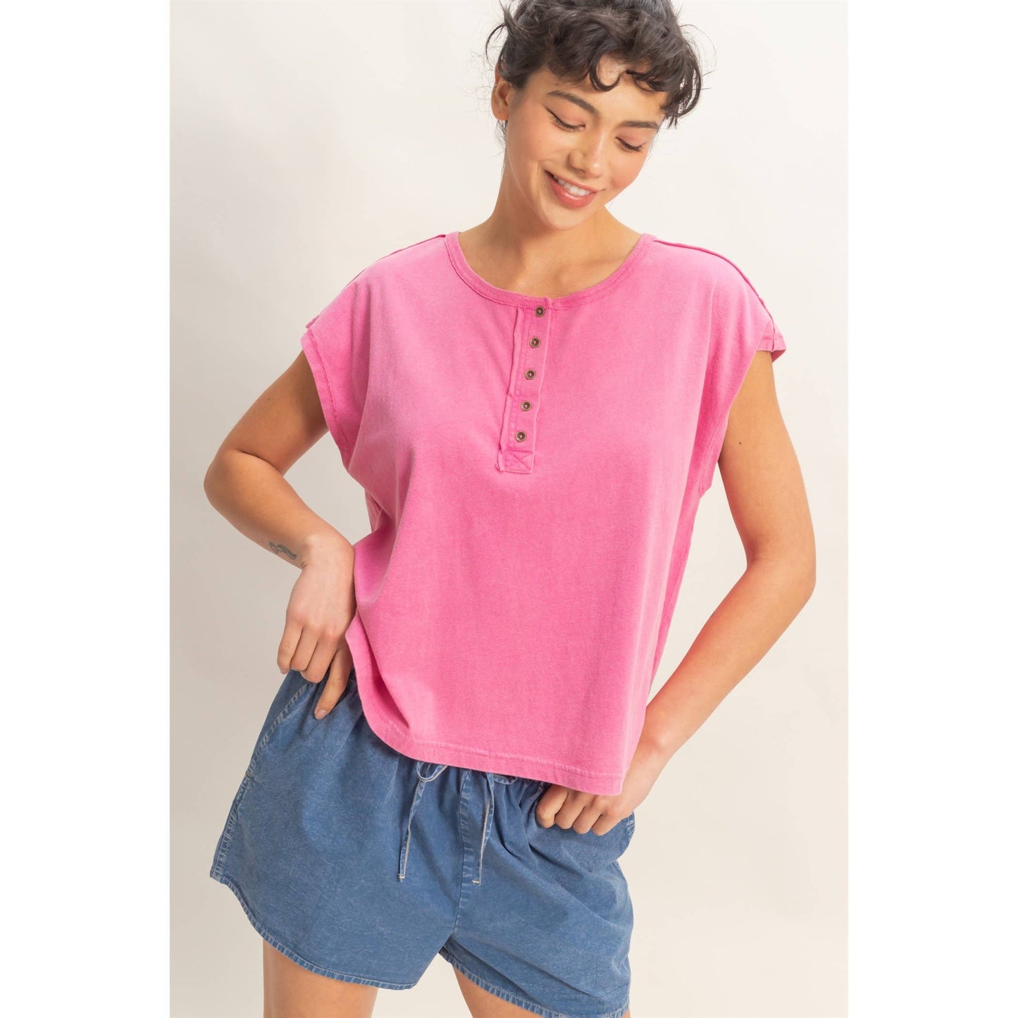 Henley Neck Cap Sleeve Top