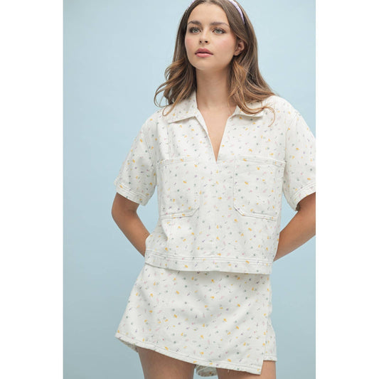 FLORAL DENIM RELAXED CROP BOXY TOP