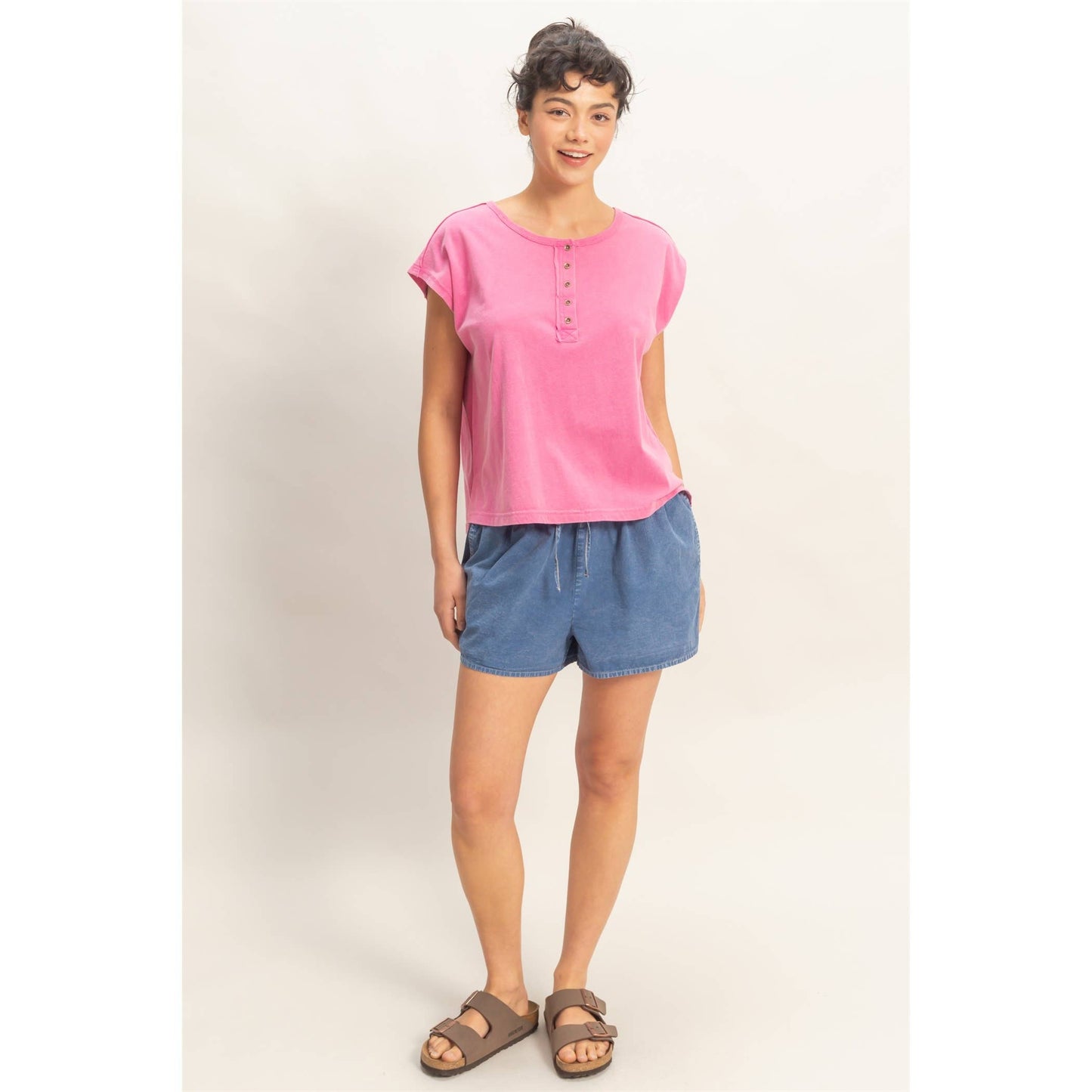 Henley Neck Cap Sleeve Top