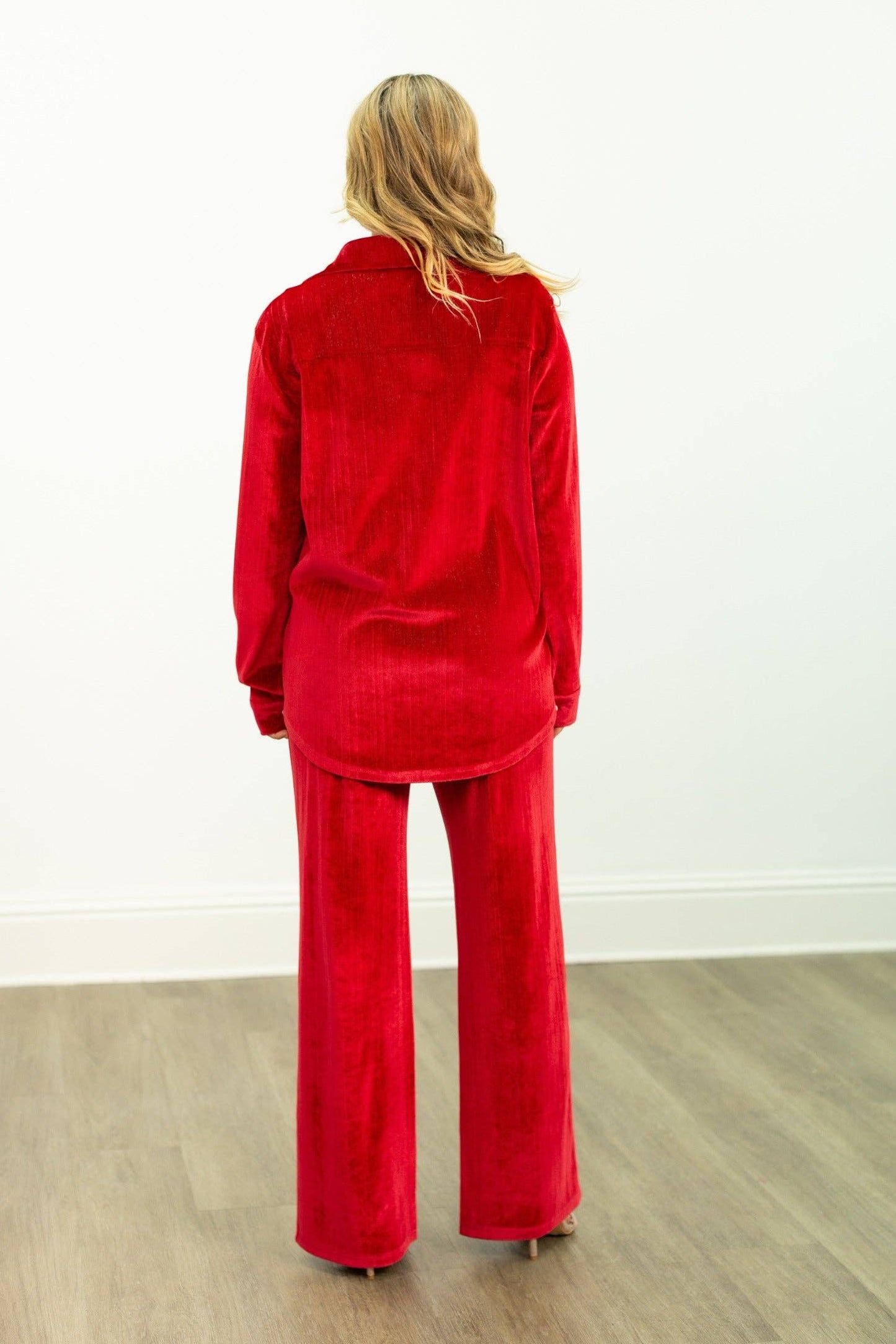 Velvet Straight-Leg Pants, Red