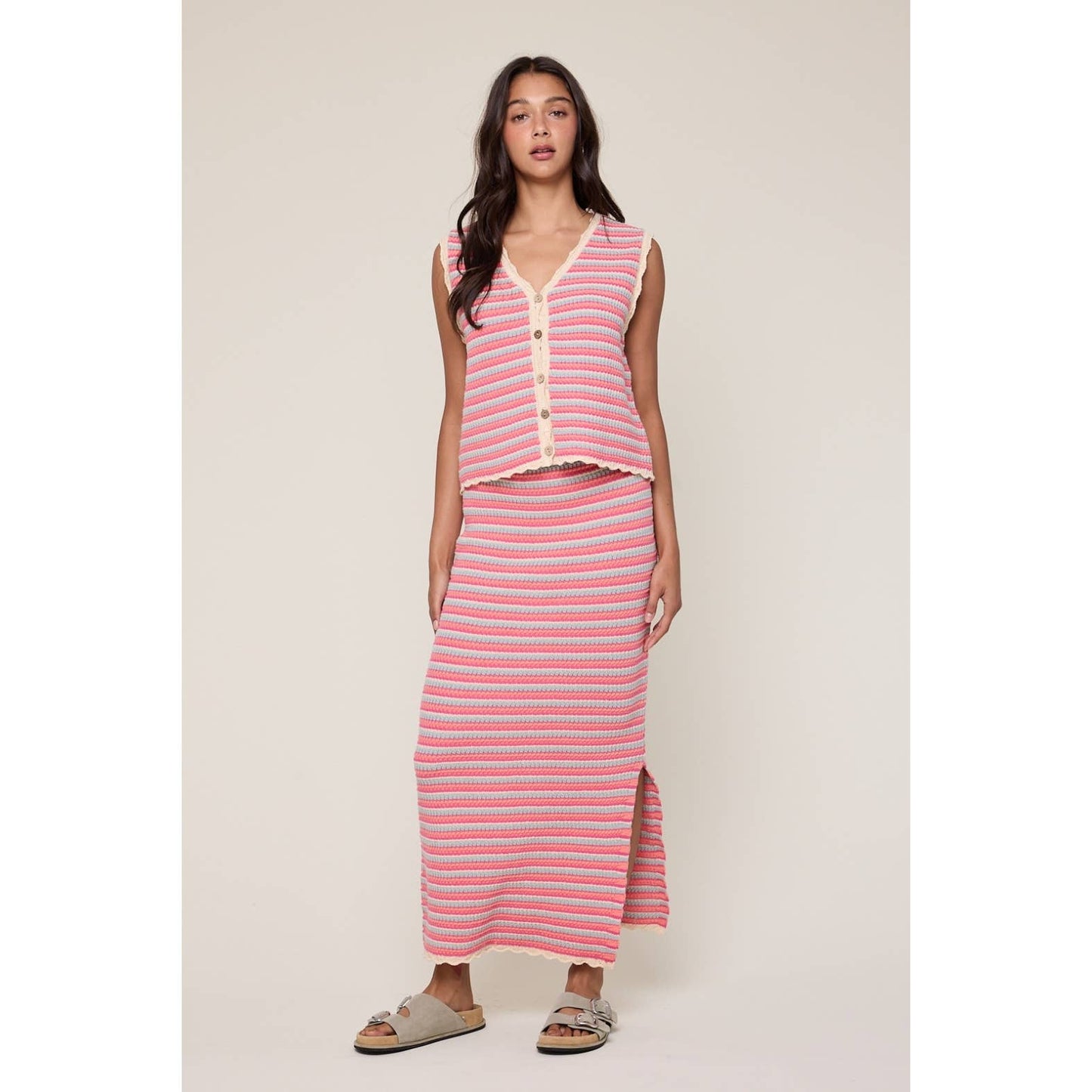 MULTICOLOR STRIPED VEST AND SKIRT SET