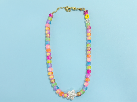 Beaded Necklace - Colorful w/ Pearl Flower