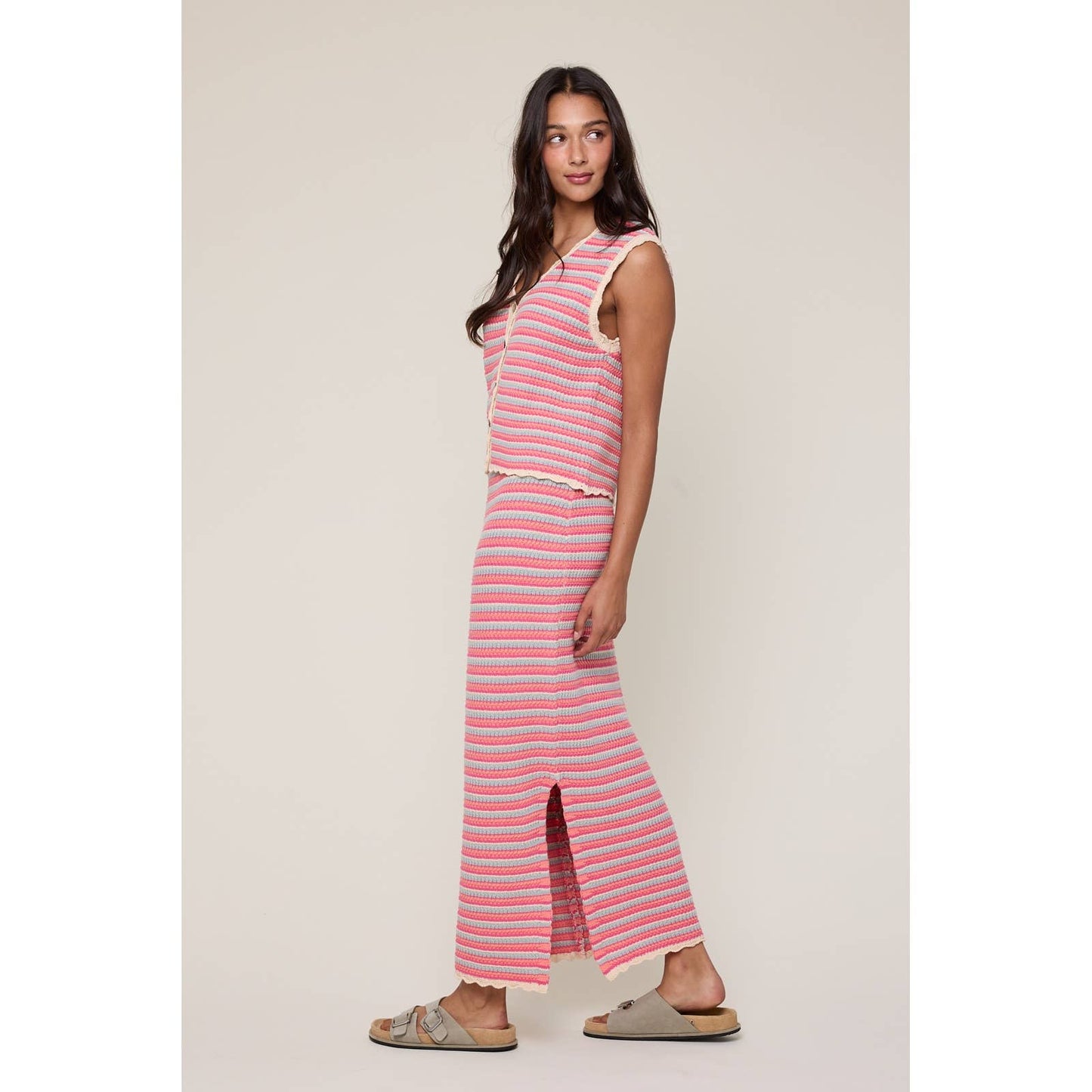 MULTICOLOR STRIPED VEST AND SKIRT SET